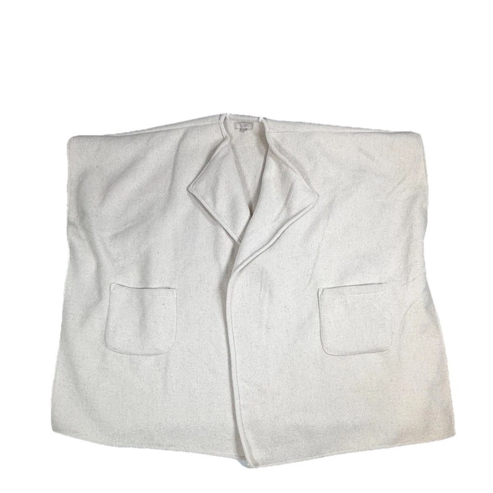 LOFT Sweater Womens XS/S White Wool Blend Open Front Poncho Cape Pockets Wrap‎